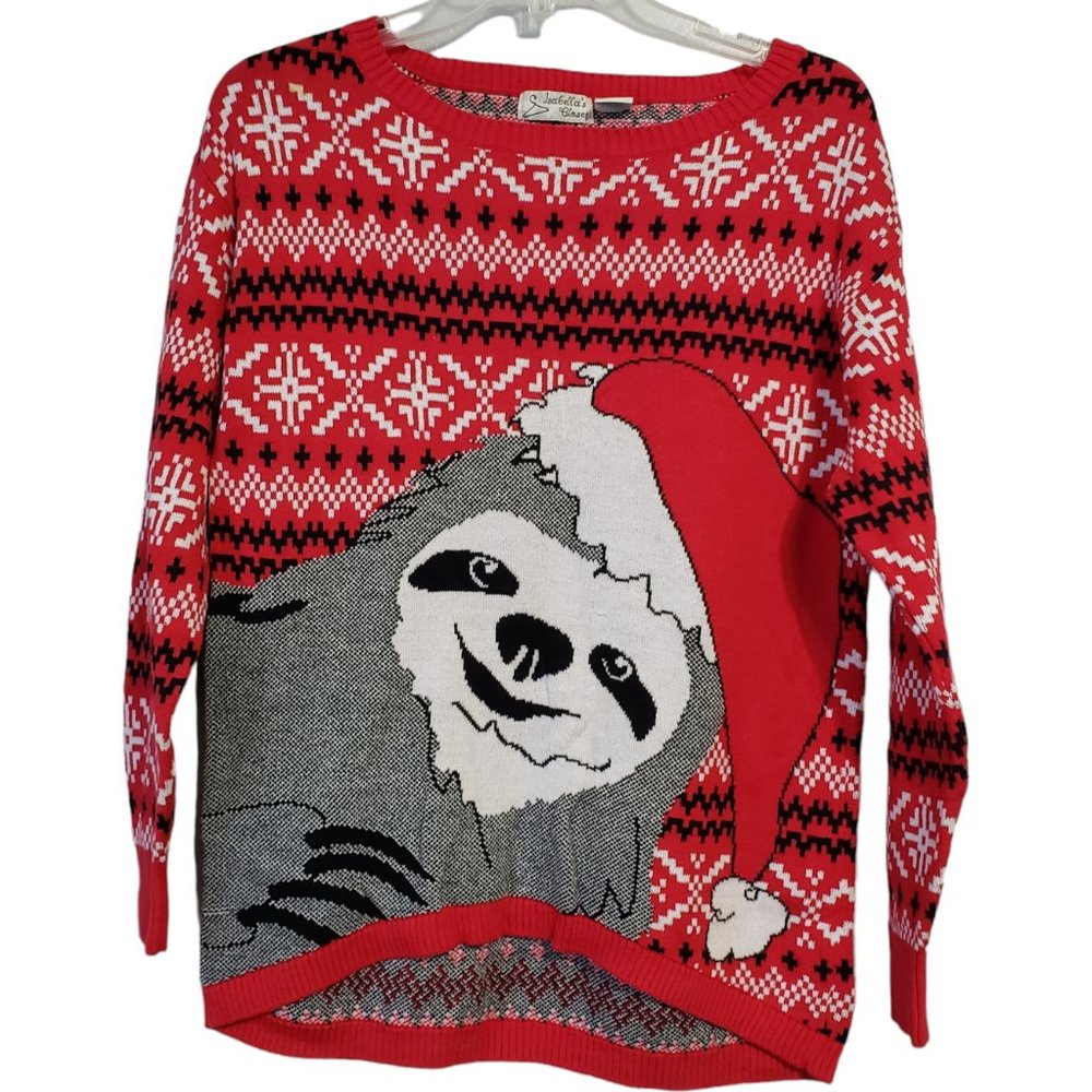 Santa Hat Sloth Christmas Sweater Women's Large Red White Cotton Holiday Party